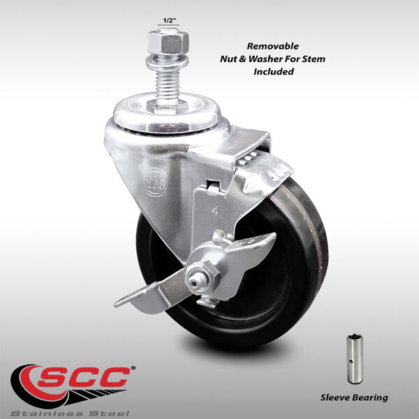 4 Inch SS Phenolic Wheel Swivel 1/2 Inch Threaded Stem Caster with Brake SCC